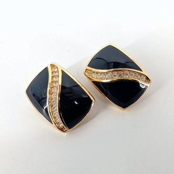 Christian Dior Vintage Navy Blue Rhinestone Wave Gold Tone Clip On Earrings - Picture 2 of 8